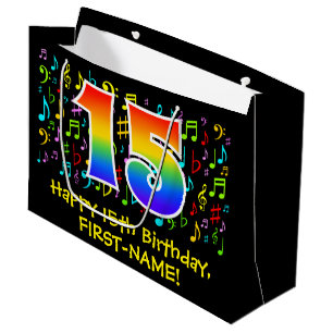 Grand Sac Cadeau 15e anniversaire - Symboles de musique colorée, ar