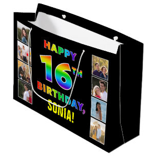Grand Sac Cadeau 16e anniversaire : Rainbow Text, Custom Photos & N