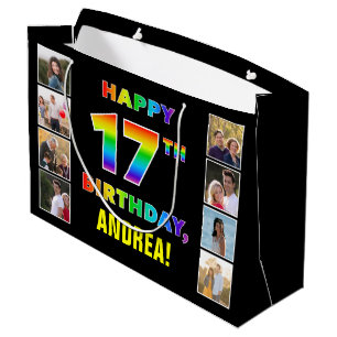 Grand Sac Cadeau 17e anniversaire : Rainbow Text, Custom Photos & N