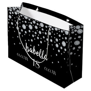 Grand Sac Cadeau 18e anniversaire noir diamants d'argent nom
