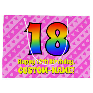 Grand Sac Cadeau 18e anniversaire : Pink Stripes & Hearts, Arc-en-c