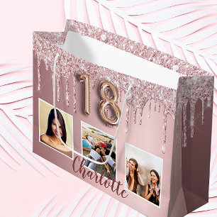 Grand Sac Cadeau 18e anniversaire rose parties scintillant gouttes