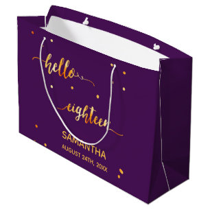 Grand Sac Cadeau 18e anniversaire violet or bonjour 18 nom du scrip