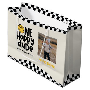 Grand Sac Cadeau 1anniversaire sourire visage rétro noir blanc supe