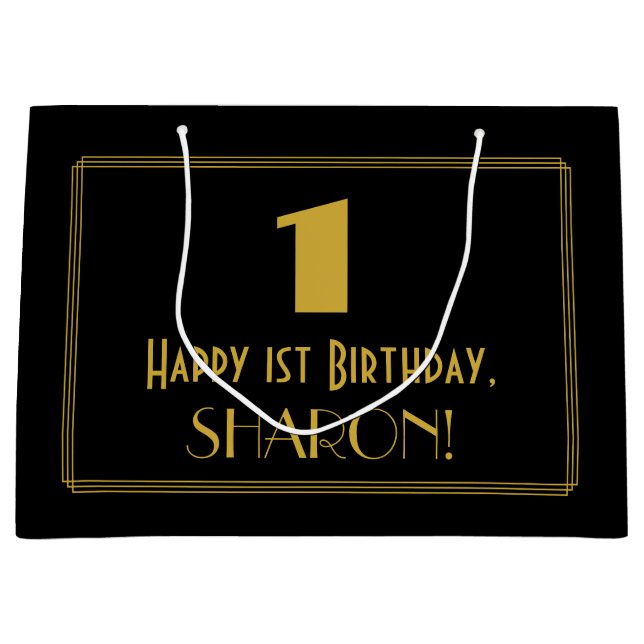 Grand Sac Cadeau 1er anniversaire — Art Déco Inspiré Look "1" & Nom (Devant)