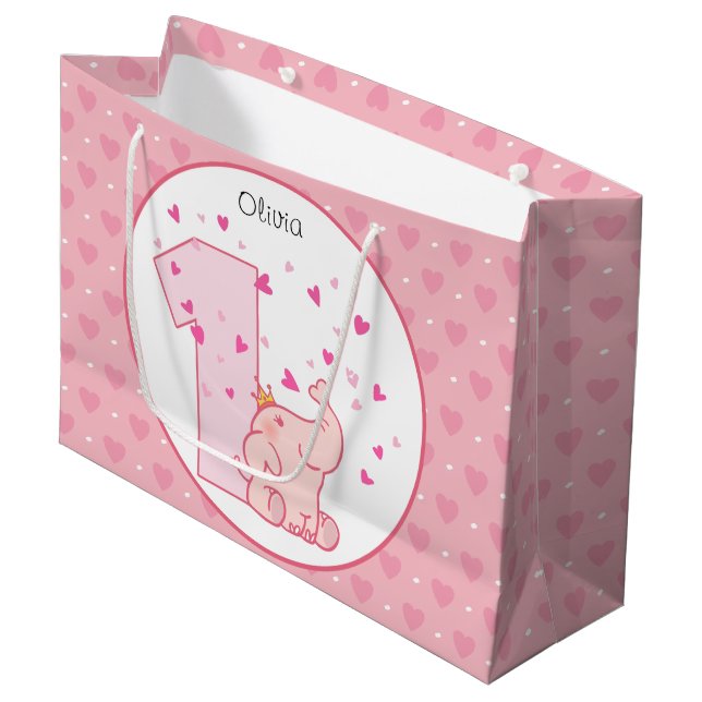 Grand Sac Cadeau 1er anniversaire Pink Princess Elephant Party (Devant Angle)