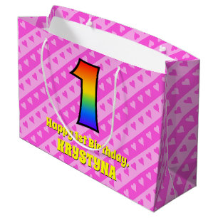 Grand Sac Cadeau 1er anniversaire : Pink Stripes & Hearts, Rainbow 