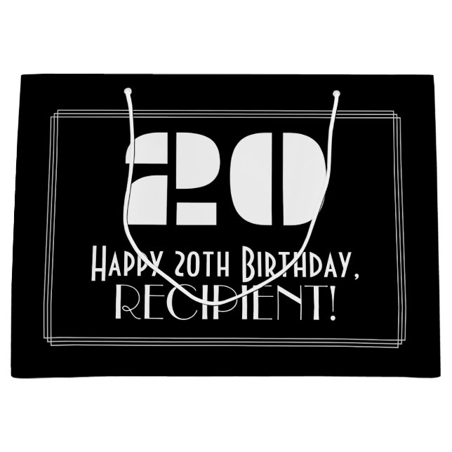 Grand Sac Cadeau 20e anniversaire ~ Art Déco Inspiré Look "20" + No (Devant)