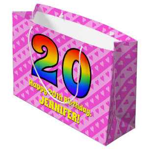 Grand Sac Cadeau 20e anniversaire : Pink Stripes & Hearts, Arc en c
