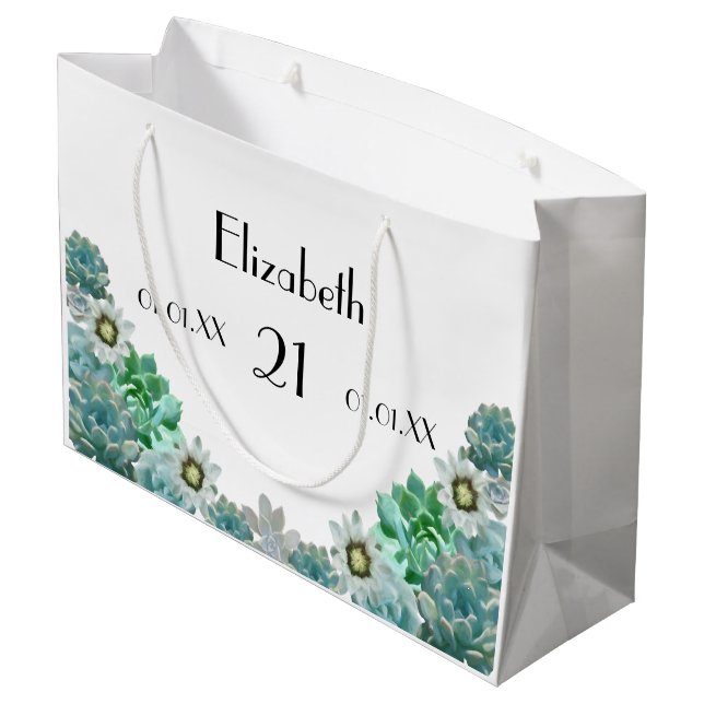 Grand Sac Cadeau 21e anniversaire fleurs de cactus succulents blanc (Dos Angle)