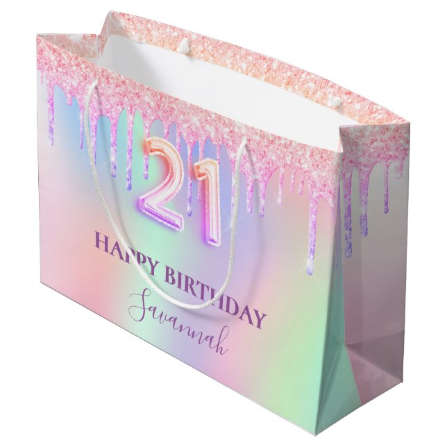 Grand Sac Cadeau 21e anniversaire holographique rose pourpre goutte (Dos Angle)