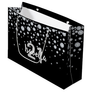 Grand Sac Cadeau 21e anniversaire noir argent éclat nom