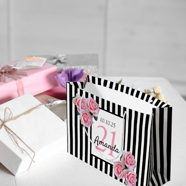 Grand Sac Cadeau 21e anniversaire rose floral noir blanc rayures (Créateur téléchargé)