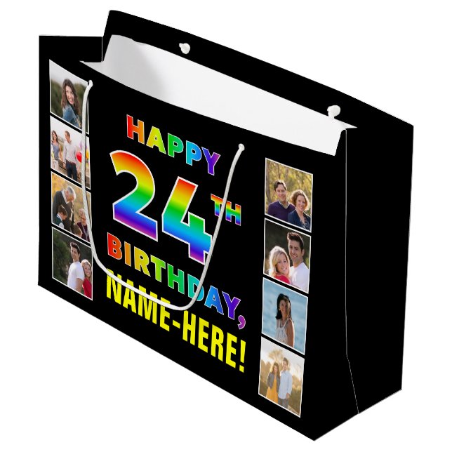 Grand Sac Cadeau 24e anniversaire : Rainbow Text, Custom Photos & N (Devant Angle)