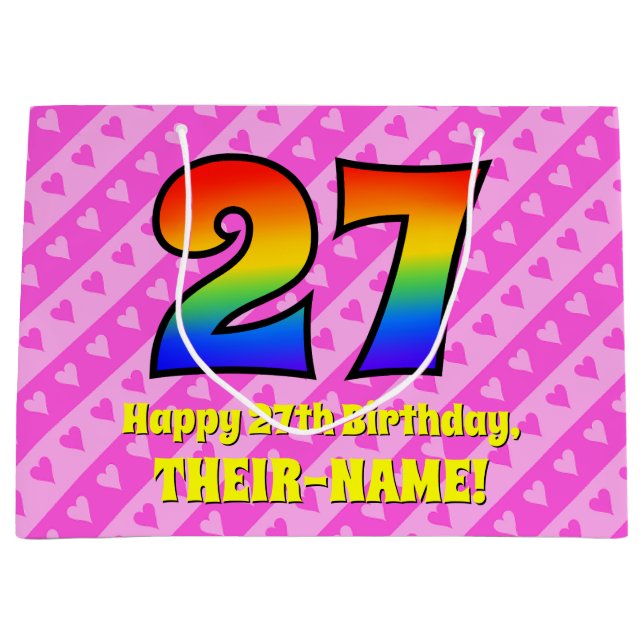 Grand Sac Cadeau 27e anniversaire : Pink Stripes & Hearts, Arc-en-c (Devant)