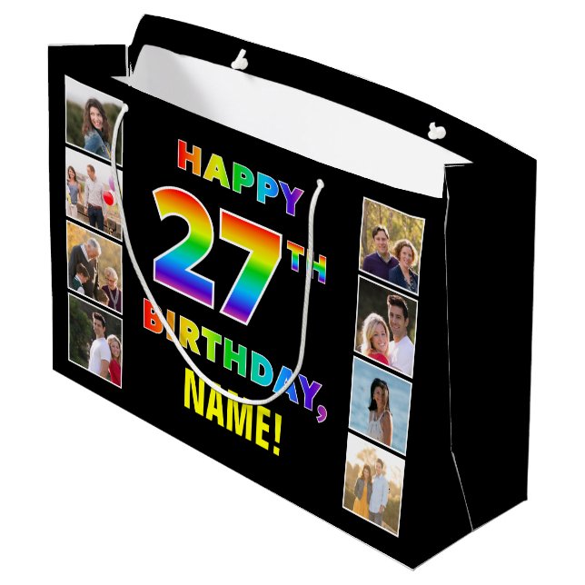 Grand Sac Cadeau 27e anniversaire : Rainbow Text, Custom Photos & N (Dos Angle)