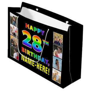 Grand Sac Cadeau 28e anniversaire : Rainbow Text, Custom Photos & N