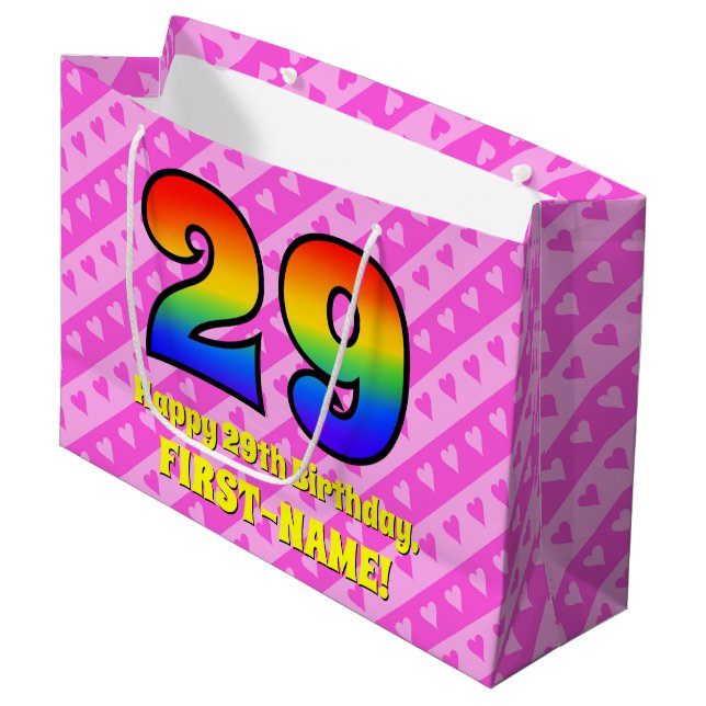 Grand Sac Cadeau 29e anniversaire : Pink Stripes & Hearts, Arc-en-c (Devant Angle)