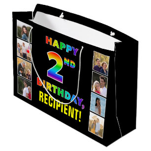 Grand Sac Cadeau 2e anniversaire : Rainbow Text, Custom Photos & Na