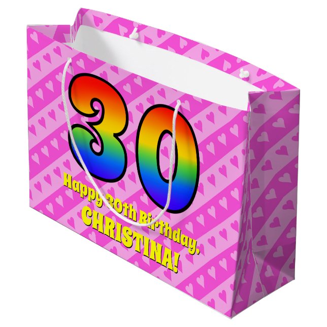 Grand Sac Cadeau 30e anniversaire : Pink Stripes & Hearts, Arc en c (Dos Angle)