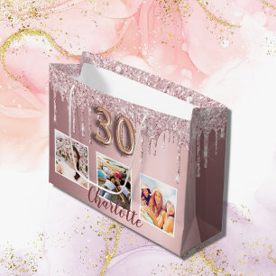 Grand Sac Cadeau 30e anniversaire rose parties scintillant gouttes