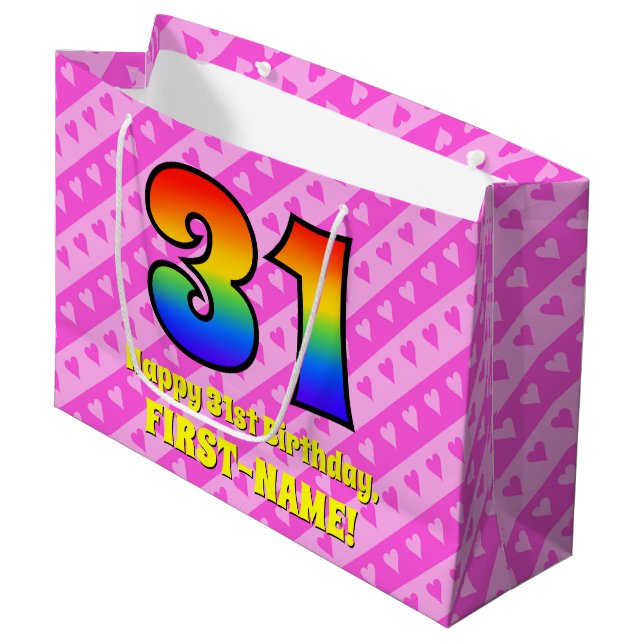Grand Sac Cadeau 31e anniversaire : Pink Stripes & Hearts, Arc-en-c (Devant Angle)