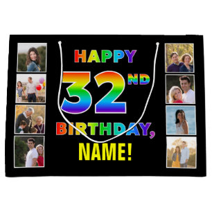 Grand Sac Cadeau 32e anniversaire : Rainbow Text, Custom Photos & N