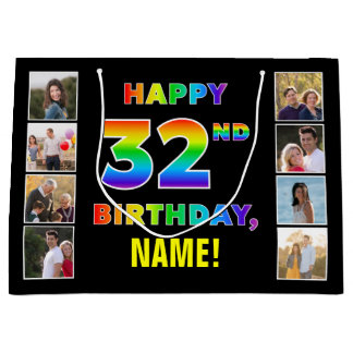 Grand Sac Cadeau 32e anniversaire : Rainbow Text, Custom Photos & N