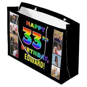 Grand Sac Cadeau 33e anniversaire : Rainbow Text, Custom Photos & N