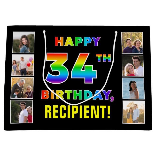 Grand Sac Cadeau 34e anniversaire : Rainbow Text, Custom Photos & N (Devant)