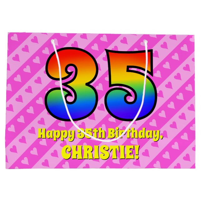 Grand Sac Cadeau 35e anniversaire : Pink Stripes & Hearts, Arc en c (Dos)