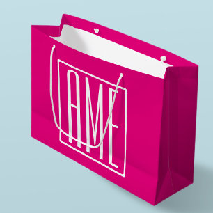 Grand Sac Cadeau 3 Initiales Monogramme Blanc sur rose chaud