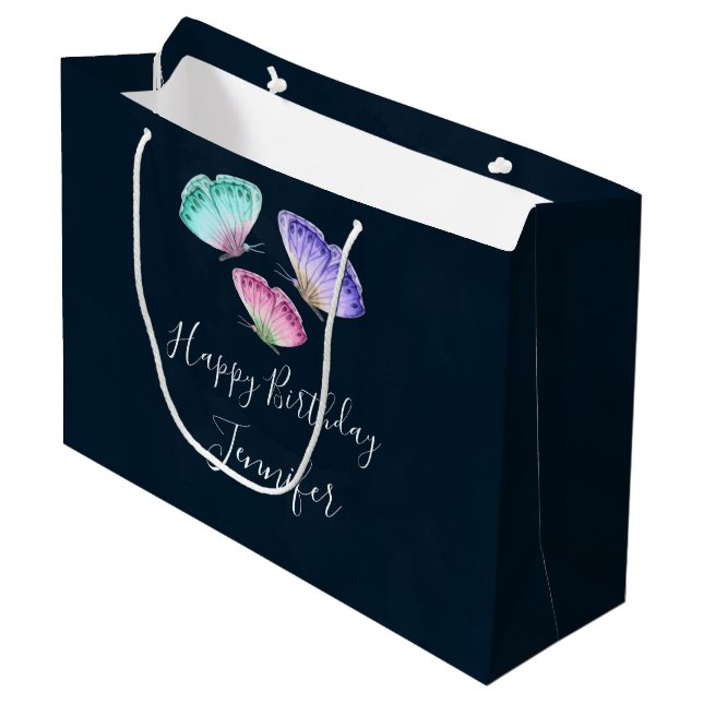 Grand Sac Cadeau 3 Joli Pastel Aquarelle Papillons Anniversaire (Devant Angle)