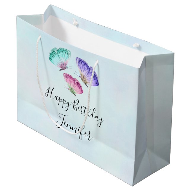 Grand Sac Cadeau 3 Joli Pastel Aquarelle Papillons Anniversaire (Devant Angle)