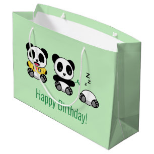 Grand Sac Cadeau 3 mignons petits pandas sur vert