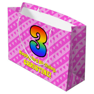 Grand Sac Cadeau 3e anniversaire : Pink Stripes & Hearts, Rainbow #