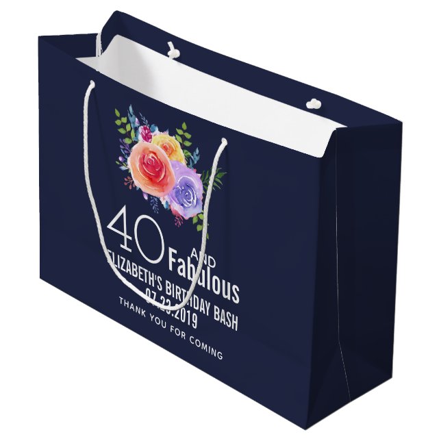 Grand Sac Cadeau 40 et texte fabuleux - Aquarelle Floral Anniversai (Devant Angle)