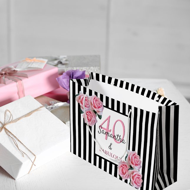 Grand Sac Cadeau 40 fabuleux flancs noirs blancs rayés roses (Créateur téléchargé)