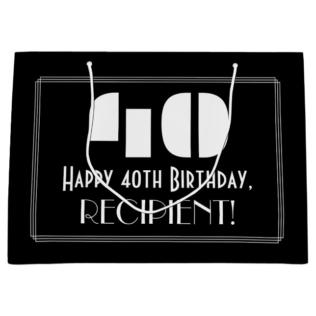 Grand Sac Cadeau 40e anniversaire ~ Art Déco Inspiré Look "40" + No (Devant)