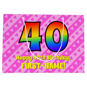 Grand Sac Cadeau 40e anniversaire : Pink Stripes & Hearts, Arc en c