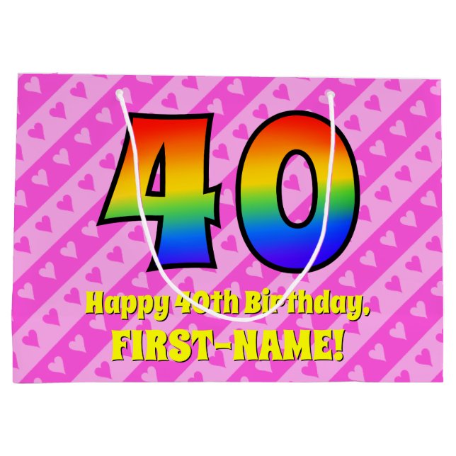 Grand Sac Cadeau 40e anniversaire : Pink Stripes & Hearts, Arc en c (Dos)