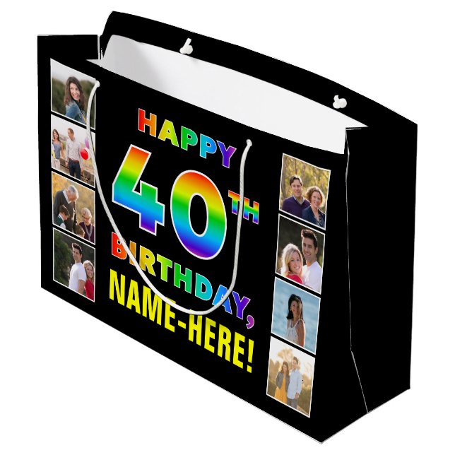Grand Sac Cadeau 40e anniversaire : Rainbow Text, Custom Photos & N (Dos Angle)