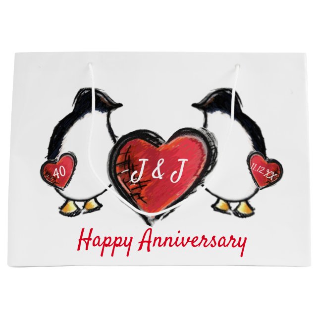 Grand Sac Cadeau 40ème anniversaire de mariage de rubis pingouin (Devant)