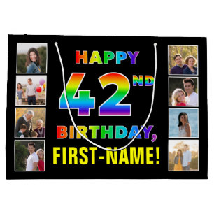Grand Sac Cadeau 42e anniversaire : Rainbow Text, Custom Photos & N