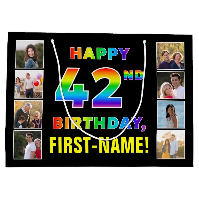 Grand Sac Cadeau 42e anniversaire : Rainbow Text, Custom Photos & N (Dos)