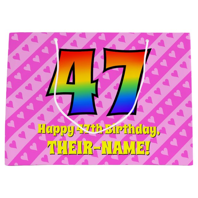 Grand Sac Cadeau 47e anniversaire : Pink Stripes & Hearts, Arc en c (Devant)