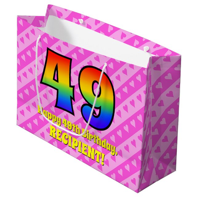 Grand Sac Cadeau 49e anniversaire : Pink Stripes & Hearts, Arc en c (Devant Angle)