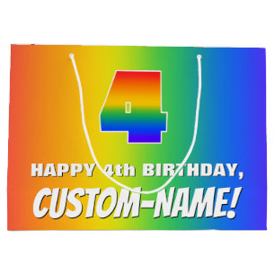 Grand Sac Cadeau 4e anniversaire : coloré, amusant Motif arc-en-cie