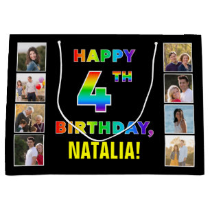 Grand Sac Cadeau 4e anniversaire : Rainbow Text, Custom Photos & Na
