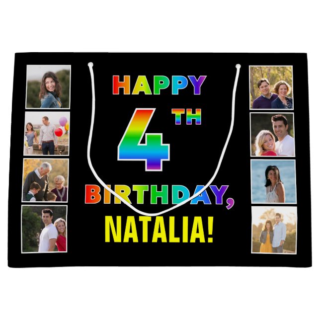 Grand Sac Cadeau 4e anniversaire : Rainbow Text, Custom Photos & Na (Devant)